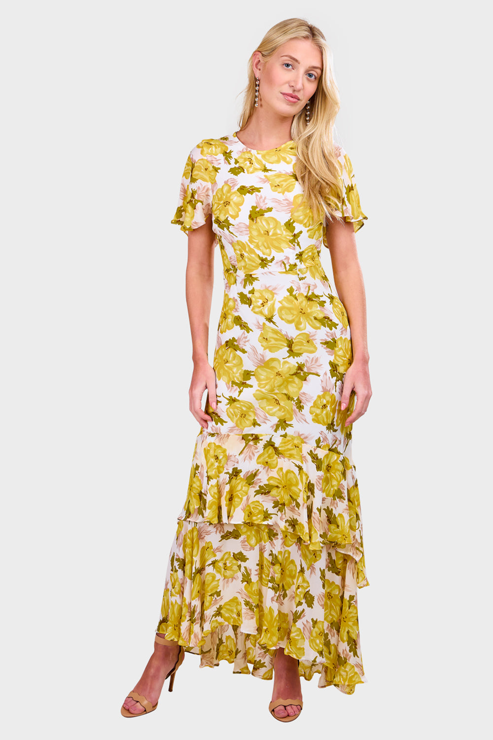 knee length dresses for ladies Yellow Floral Maxi Dress with Criss Cross Back main image 0