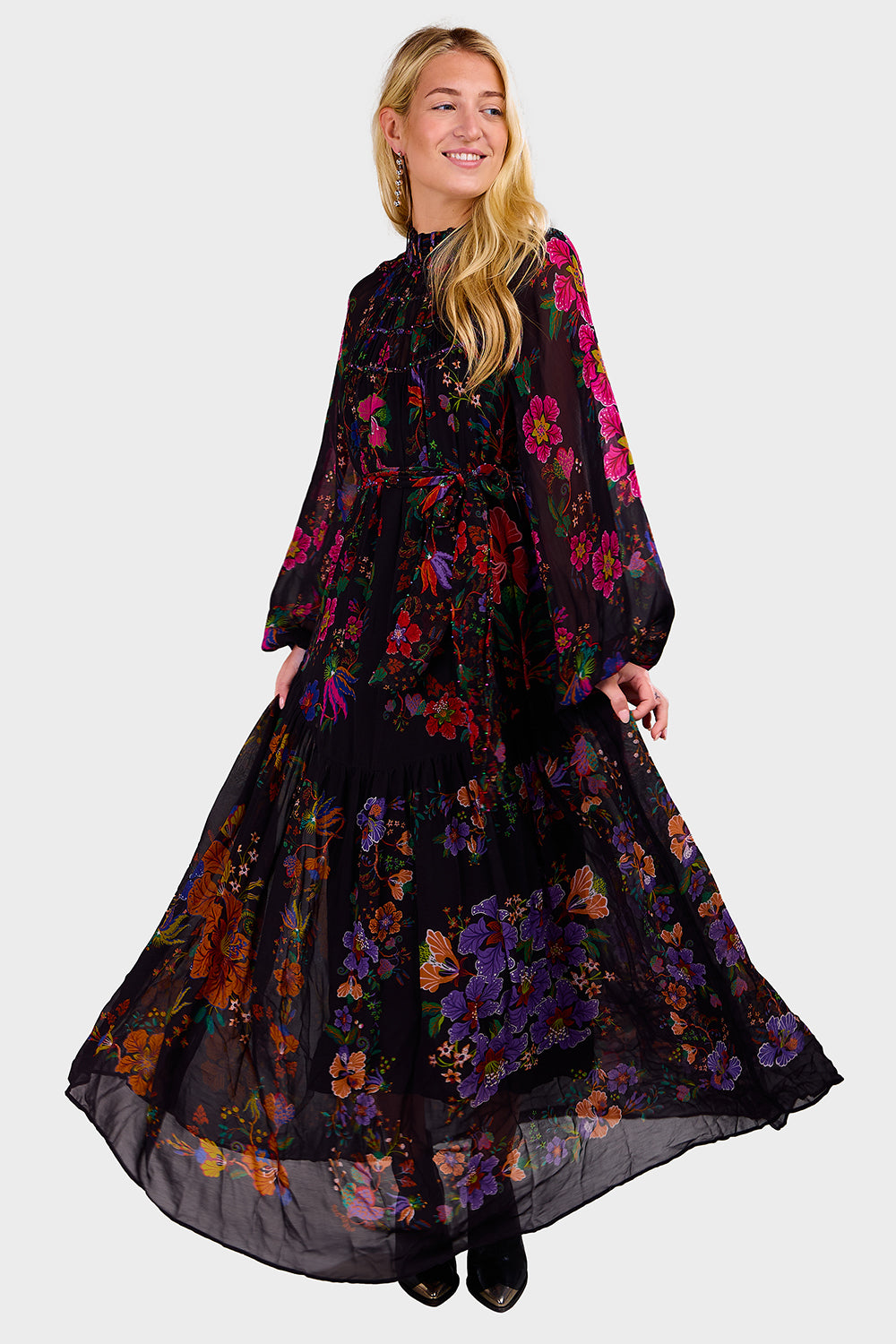 Floral Scarves Black High Neck Maxi Dress Apothea Floral Scarves Black High Neck Maxi Dress Apothea