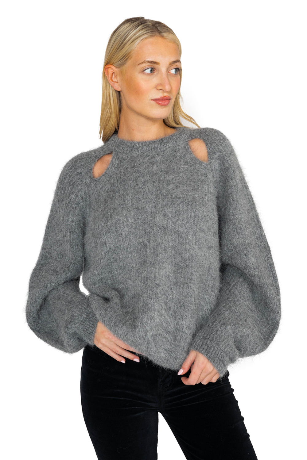 Cut-Out Fluffy Sweater - Gray