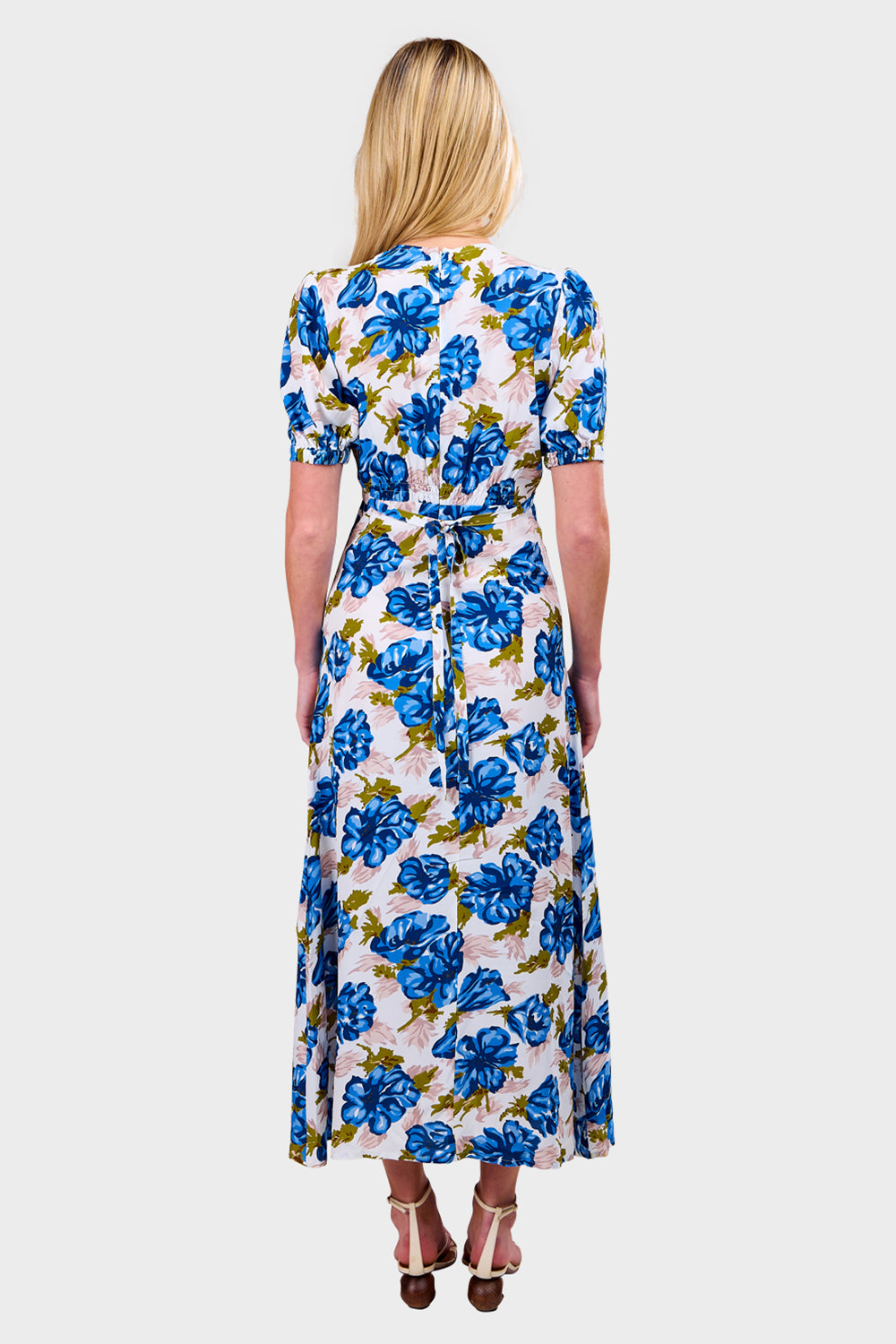navy blue and yellow floral dress Faithfull THE BRAND Bellavista Midi Dress