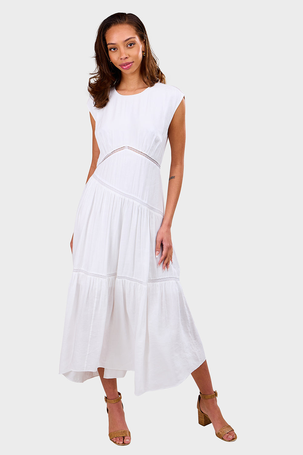 Gathered Seam Lace Inset Dress - White