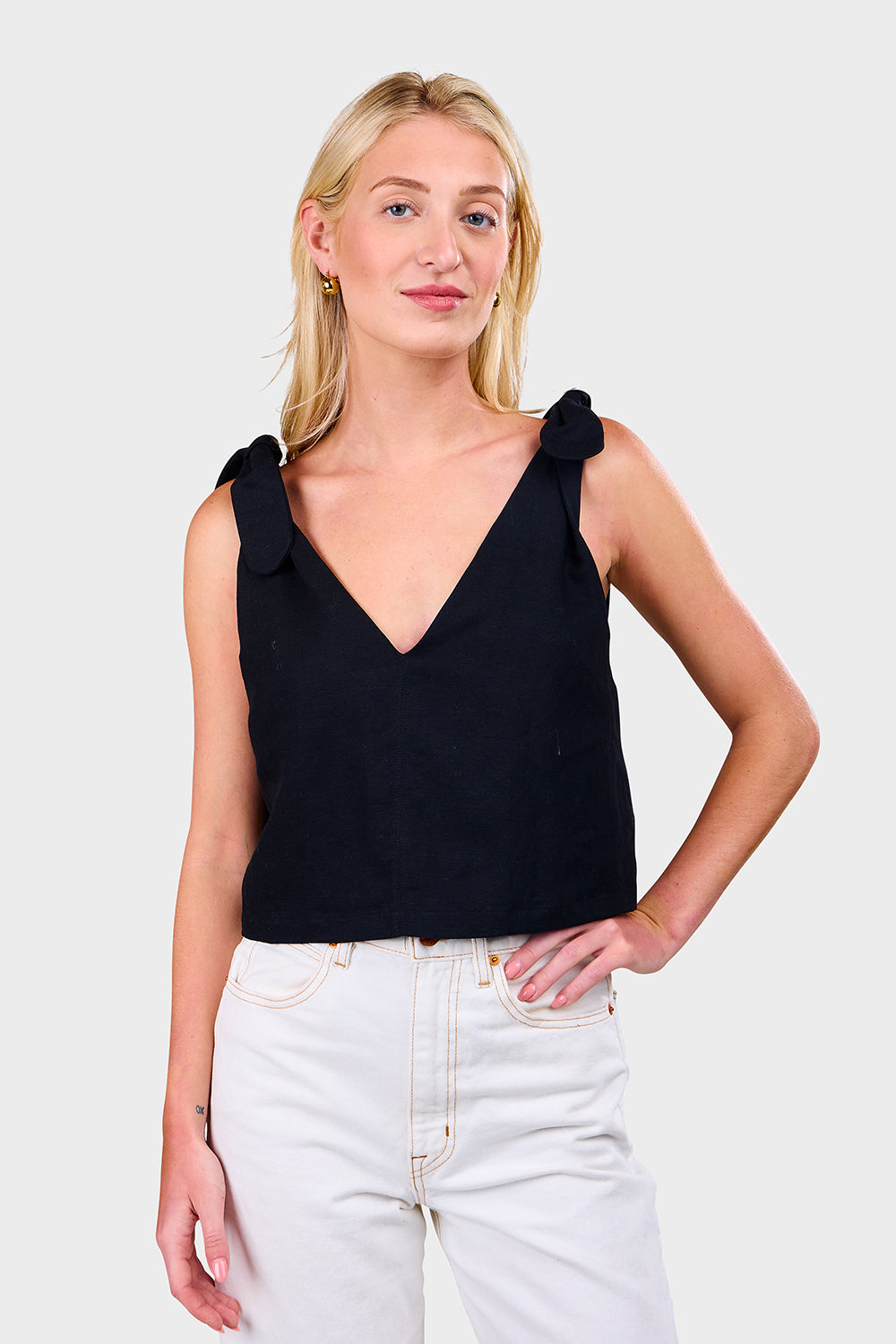 Tie Shoulder Mod Top - Black Linen