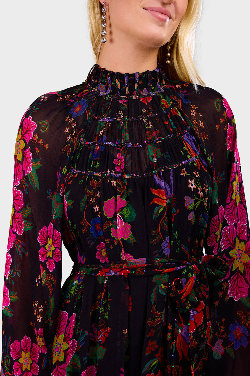 Floral Scarves Black High Neck Maxi Dress