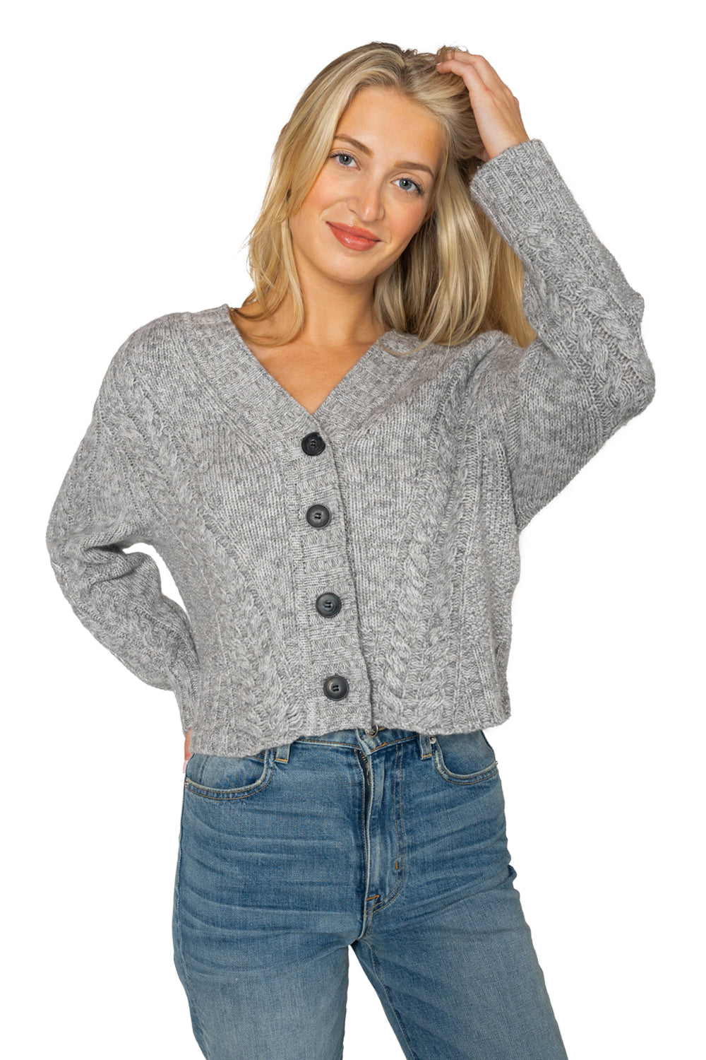 Wool Cashmere Marled Cable Cardigan - Frost Gray