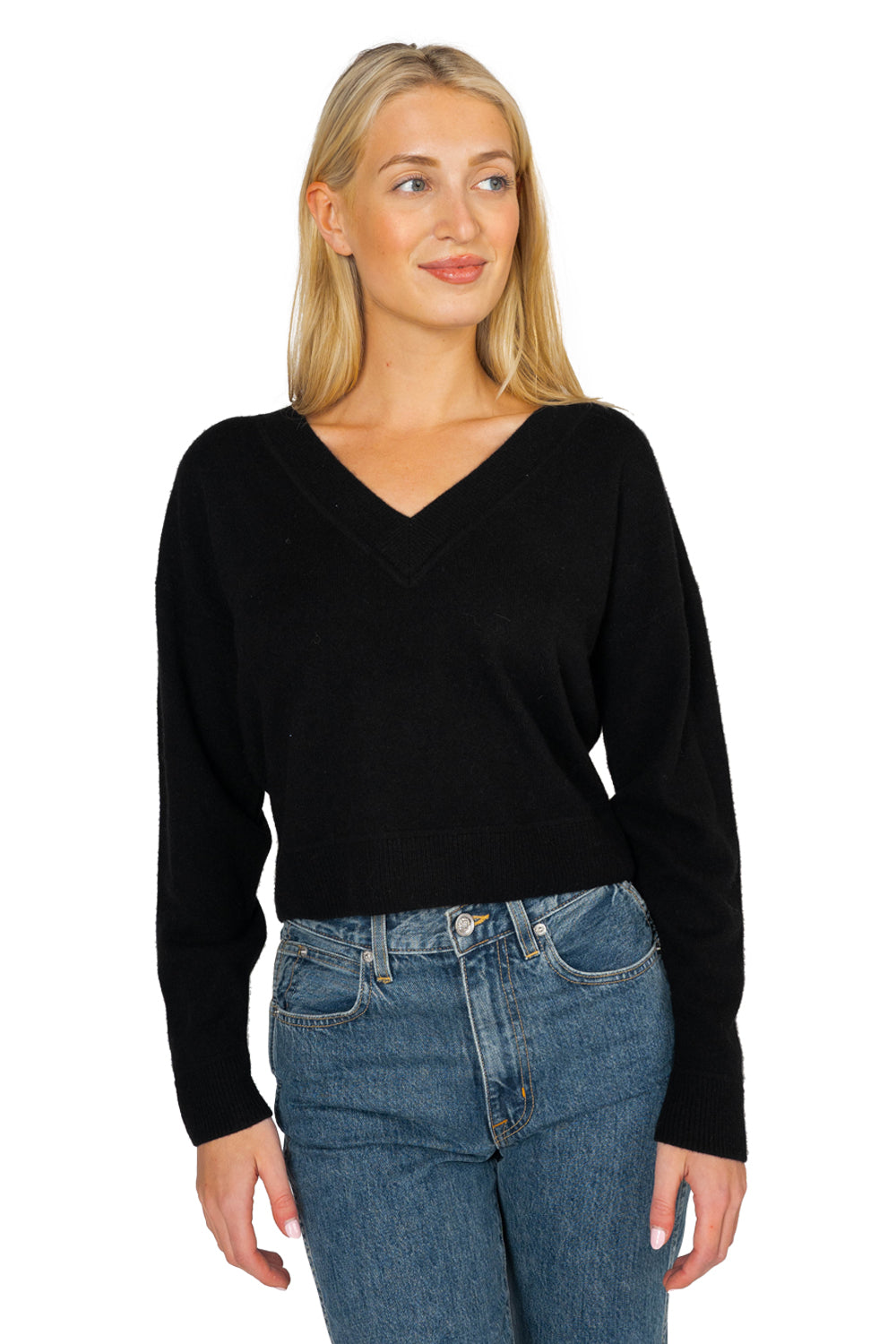 Cropped V Neck Pullover - Black Cashmere