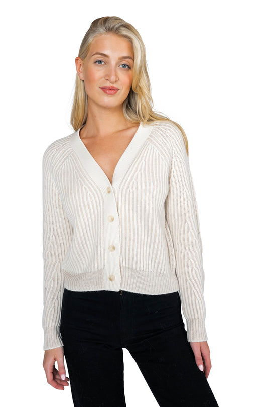 Wool Cashmere Engineered Rib V Neck Cardigan - White
