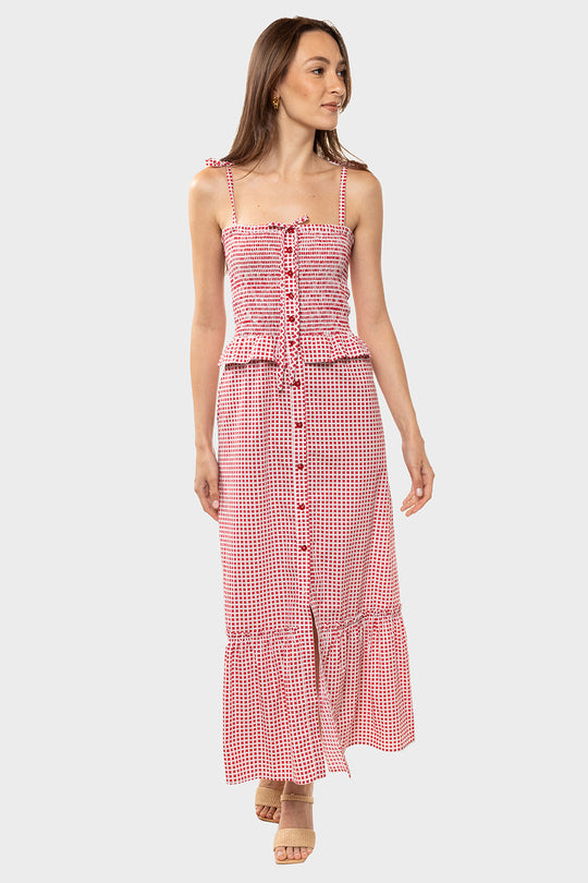 Alberica Front Buttoned Long Dress - Strawberry Check