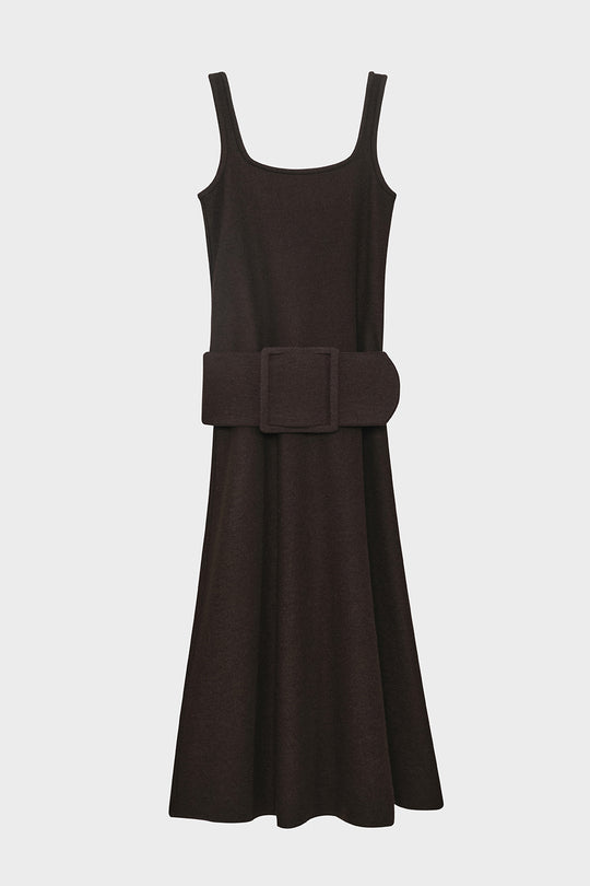 Dark Brown Wool Midi Dress with Belt