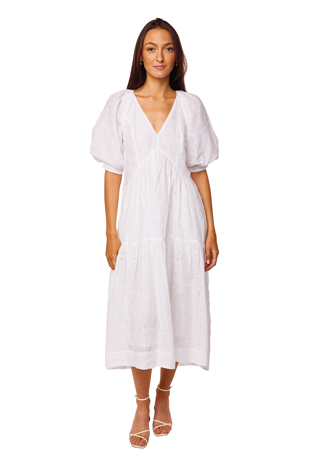 V-Neck Puff Sleeve Maxi Dress - Blanc