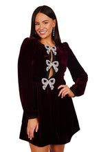 Load image into Gallery viewer, Camille Bows Mini Dress - Burgundy/ Pearl Bows
