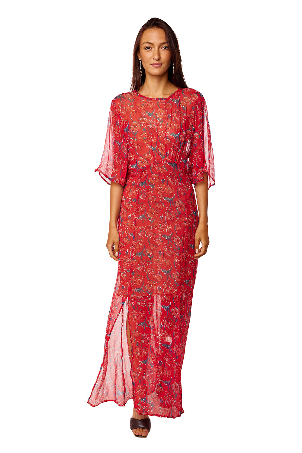 Lily Dress - Chiffon Watercolor Print Vermillion