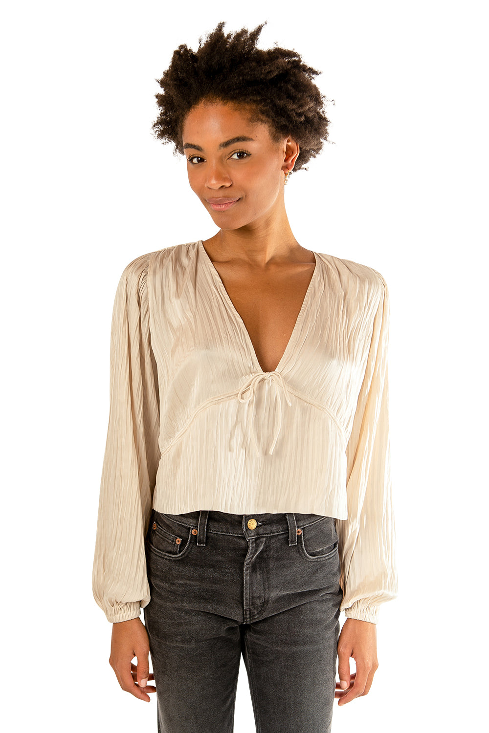 Smocked Tie Front L/S Top - Vanilla