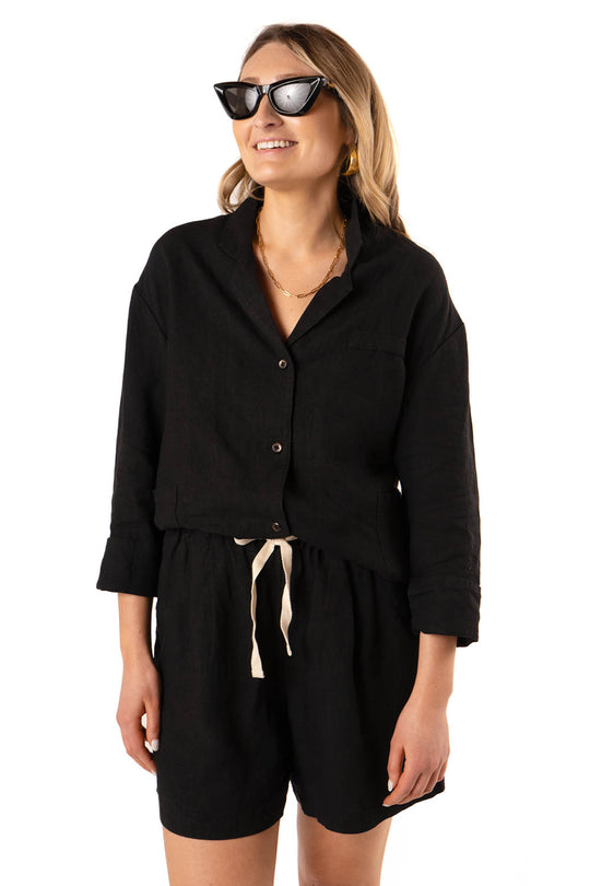 Linen Leisure Short Suit - Black