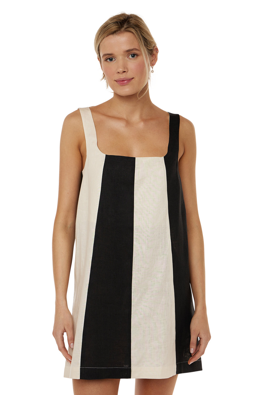 Colorblock Tank Mini Dress - Black & Cream Stripe Linen